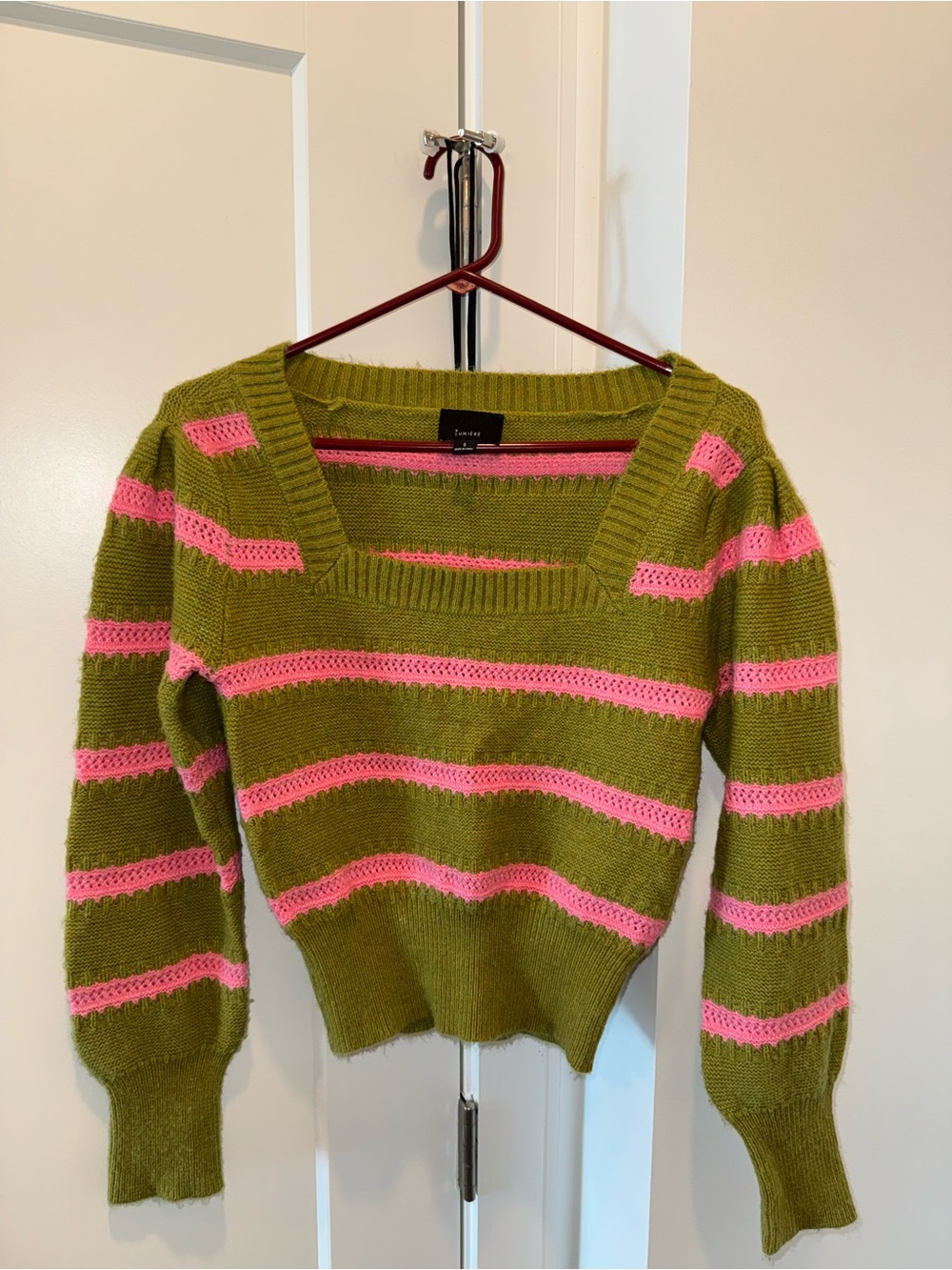 Olive & Pink Striped Square-Neck Knit Sweater